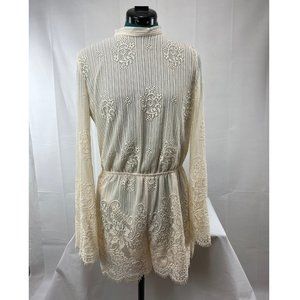 Ivory Lace Romper With Bell Sleeves, Scalloped Hem - M/L